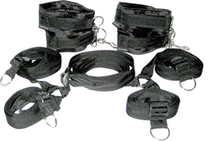 UNDER THE BED KIT FOUR RESTAINTS (FOR ANKLES & WRISTS), ONE BLINDFOLD. NYLON ADJUSTABLE