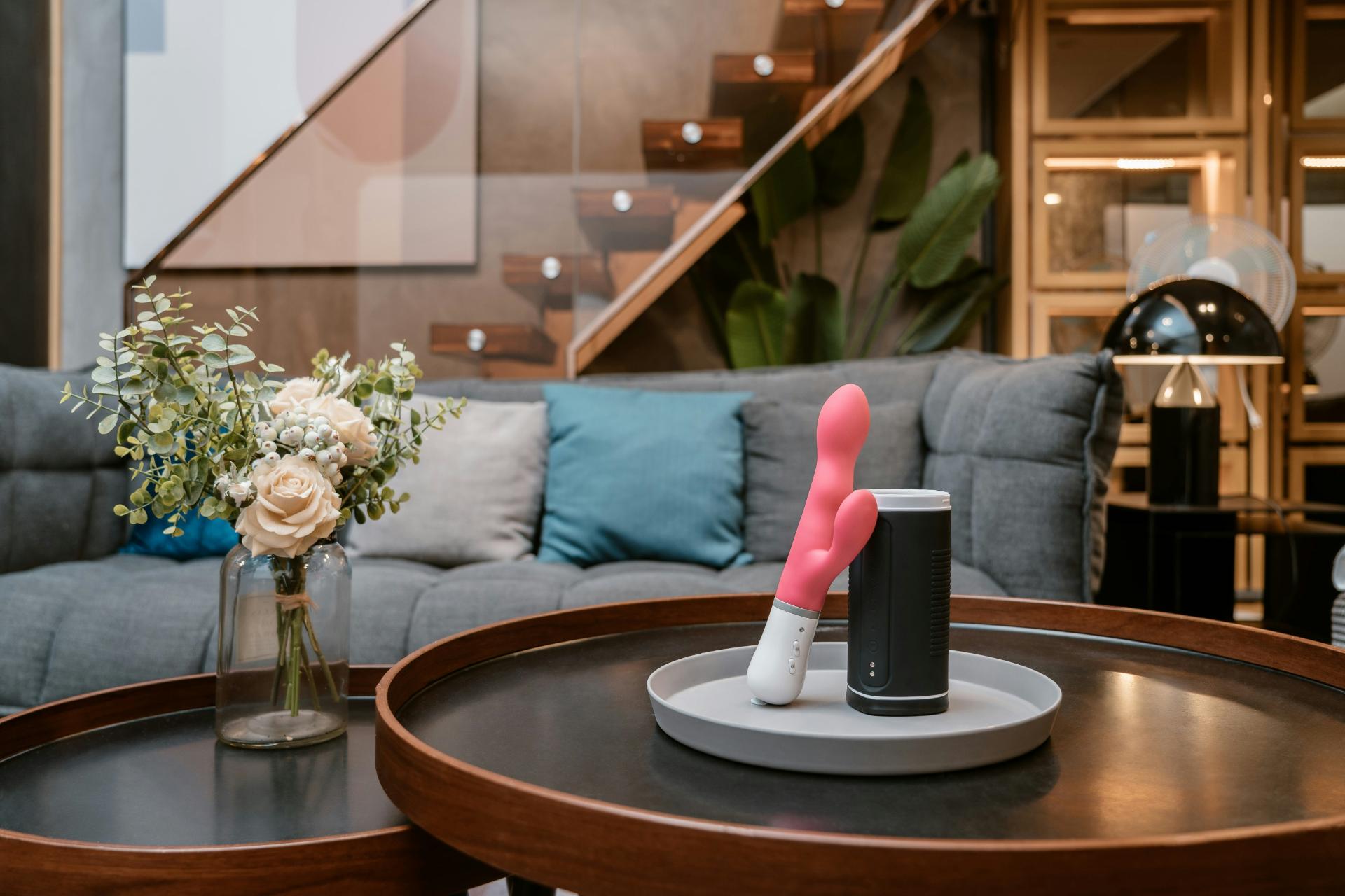 Modern living room table with a vibrator displayed